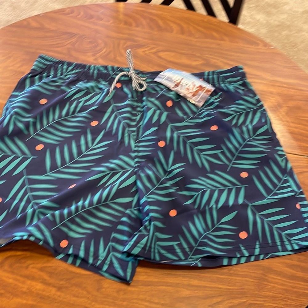 Biwisy Mens Summer Short Drawstring Pull On Palm Print Blue XL